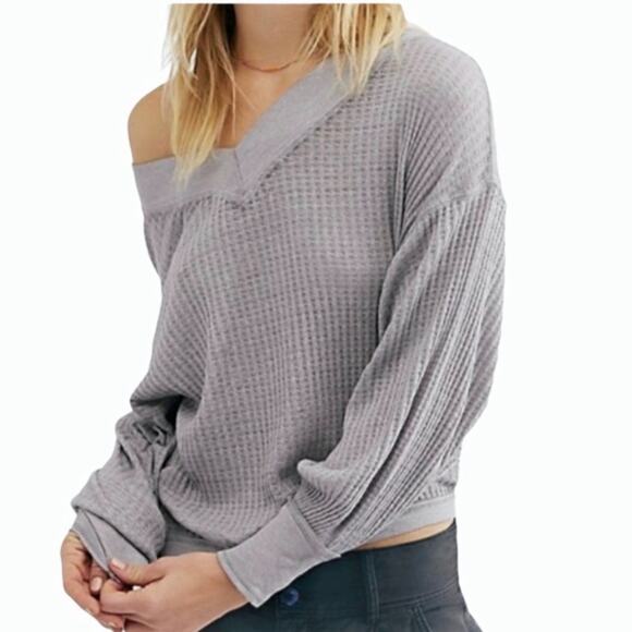 FREE PEOPLE Womens Burnout Off Shoulder Long Sleeve Waffle Knit Thermal Top XS - Picture 2 of 13